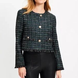 Loft Teal Blue Green Black Tweed Blazer Lady Jacket Gold Buttons Fringe Trim L